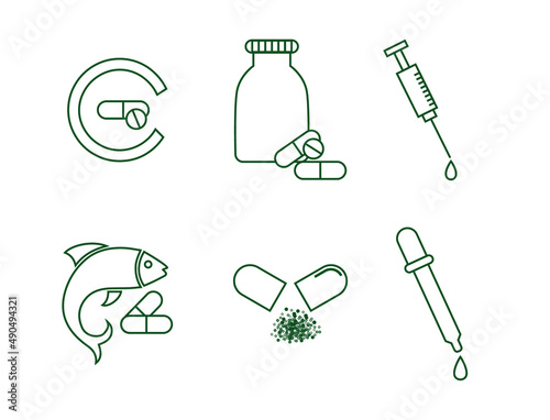 vitamin c, supplements, steroid injection, omega 3, 6, fish oil, drug, and oil dropper icon set vector illustration 