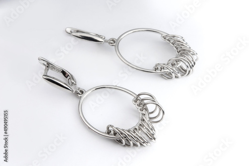 Luxury silver round earrings big jewelry for women isolated on white background, clipping path included