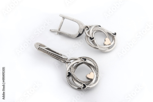 Luxury silver round earrings big jewelry for women isolated on white background, clipping path included
