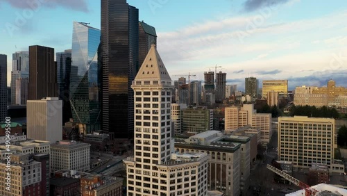 Drone shot pushing into Smith Tower in Seattle's Pioneer Square neighborhood. photo
