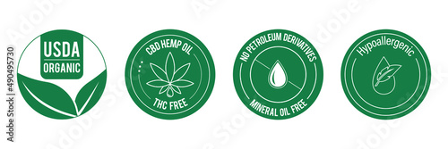 USDA organic, CBD hemp oil, THC free, no petroleum derivatives, mineral oil-free, hypoallergenic icon set vector illustration icon set