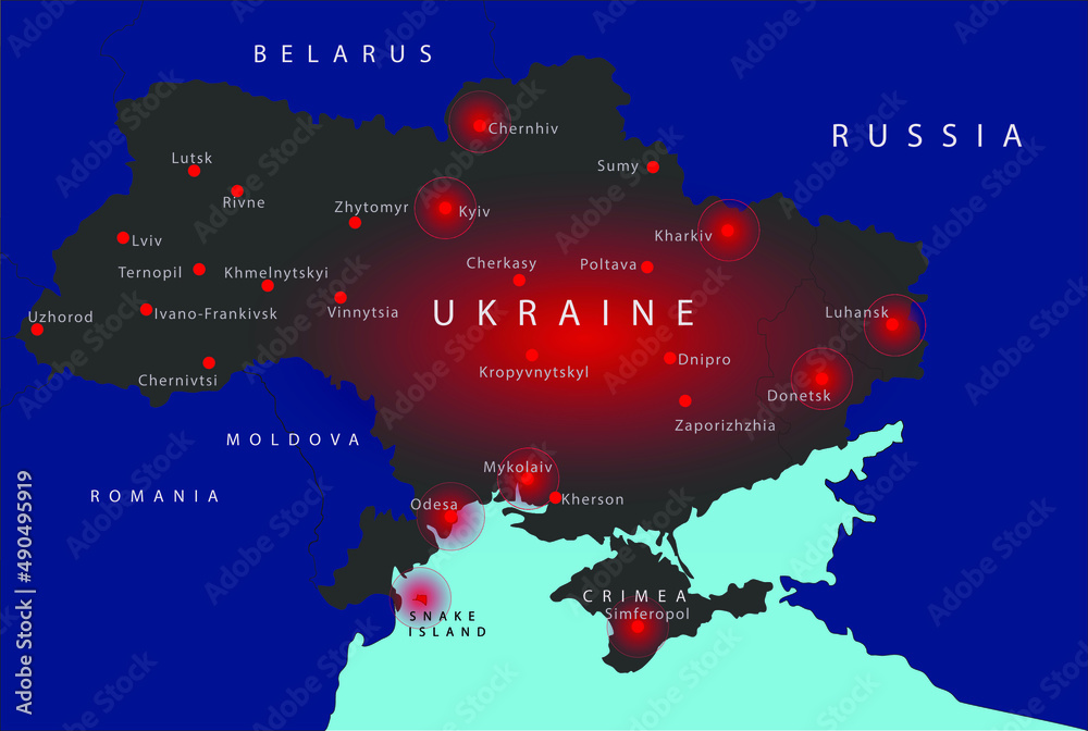 Ukraine crisis map. Russian-Ukrainian military conflict. Close-up of 