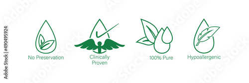 no preservatives, clinically proven, 100% pure, hypoallergenic icon set vector illustration 