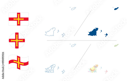 Guernsey map. Detailed blue outline and silhouette. Administrative divisions and parishes. Country flag. Set of vector maps. All isolated on white background. Template for design and infographics.