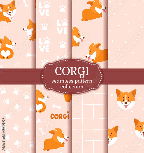 Corgi seamless pattern collection with cute welsh corgi puppies, as well as abstract backgrounds. Vector collection with funny dog characters.