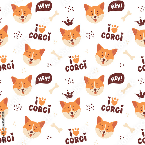 Corgi seamless pattern. Cute smiling welsh corgi faces and hand drawing letterings. Happy dog characters. Trendy vector background.