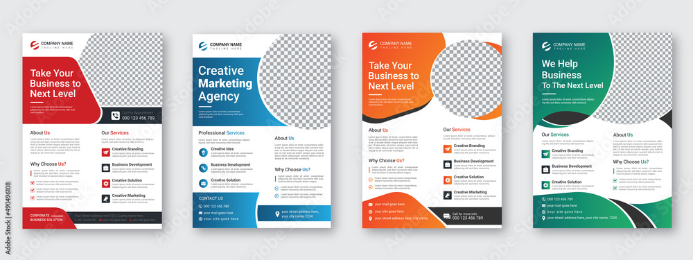 Corporate business flyer template design set with red, blue, orange and green color, abstract business flyer, marketing, business poster, promotion, advert, publication, and vector template design - obrazy, fototapety, plakaty 