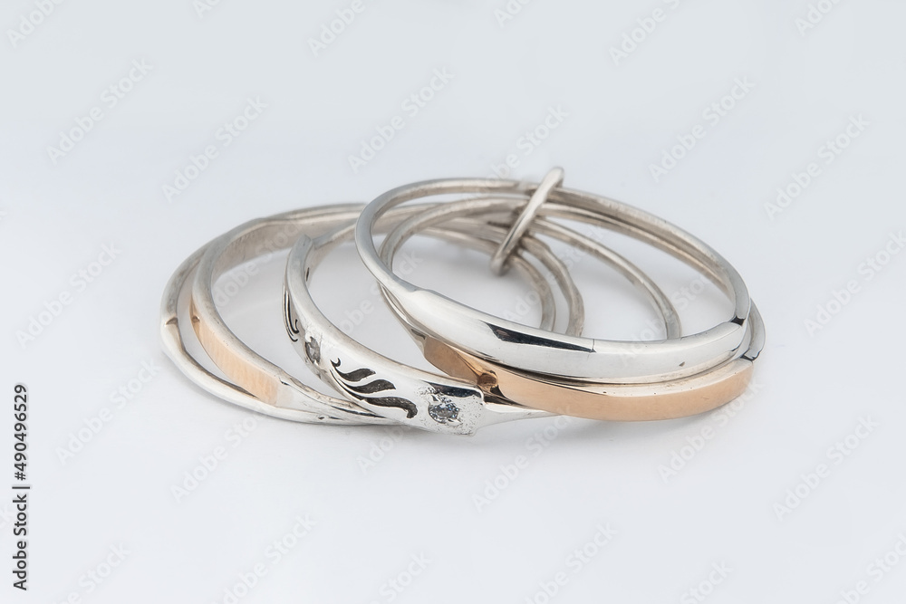 Fototapeta premium Silver diamond ring isolated on white background. Silver jewelry fashion ring