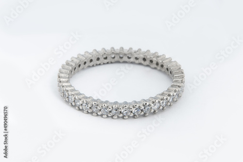 Silver diamond ring isolated on white background. Silver jewelry fashion ring