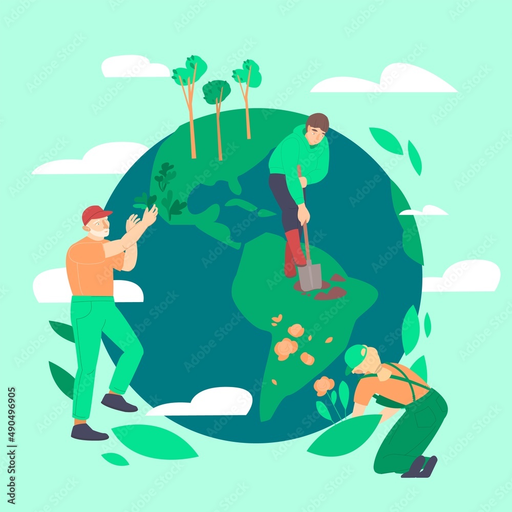 People planting and gardening, saving the planet. Vector illustration.