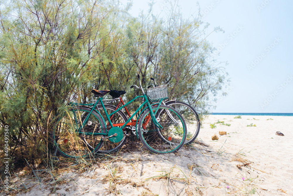 Old style bicycles parking in the shadow on beach