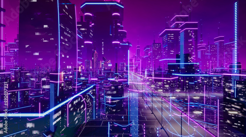 Metaverse city and cyberpunk concept, 3d render photo