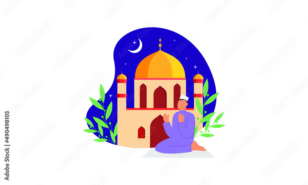 muslims praying concept with mosque vector