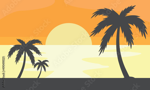 flat panoramic landscape  sunset beach with the palms. Vector illustration.