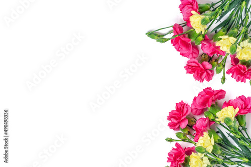 bouquet of pink carnation flower isolated on white background Top view Flat lay Holiday card 8 March  Happy Valentine s day  Mother s  Memorial  Teacher s day concept Copy space