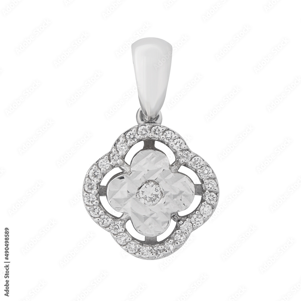 Elegant white gold necklace with diamonds on white background, jewelry Elegant white gold necklace with diamonds on white background, jewelry