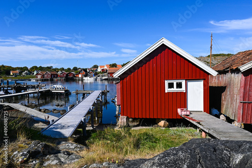 Red traditional Scandinavian houses on the main town of Koster islands in Sweden