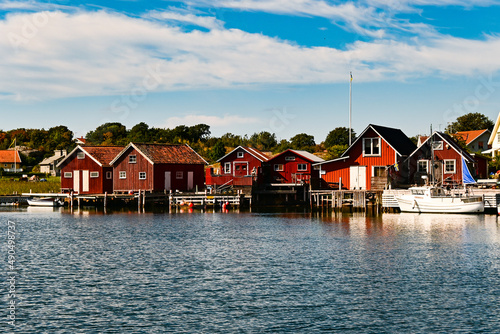 Red traditional Scandinavian houses on the main town of Koster islands in Sweden