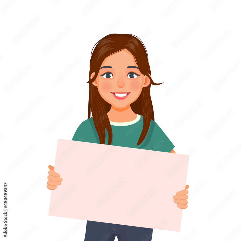 beautiful young woman holding blank billboard or empty banner for copyspace advertising and announcement messages beautiful young woman holding blank billboard or empty banner for copyspace advertising and announcement messages