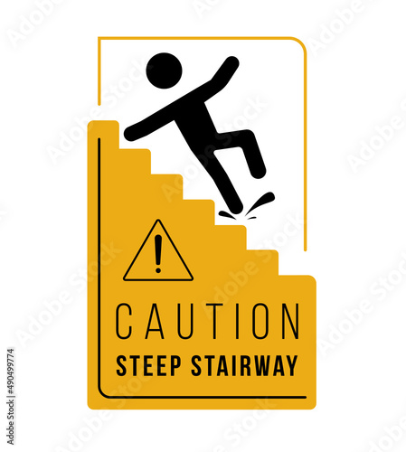 Danger sign, Caution sign of steep stairway on a white background