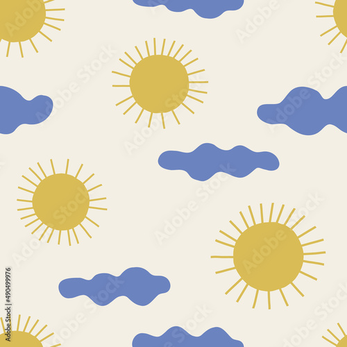Bright sun in the sky with tiny clouds infantile vector seamless pattern. Sunny day boho childish background. Kid-like decorative cuts out surface design for Scandinavian style nursery.