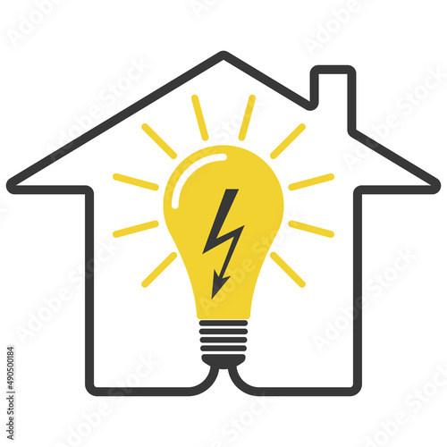 Electricity bill icon lighting utilities, yellow glowing light bulb house