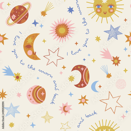 Childish space sun crescent stars planet vector seamless pattern. Love you to the moon and back phrase. Boho celestial universe background. Galaxy decorative surface design for nursery.