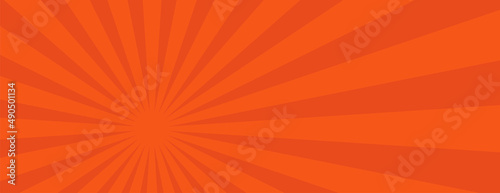 Orange rays background horizontal as sunburst graphic vector banner or abstract retro starburst radial pinwheel cartoon comic funny pop art illustration, vintage flash sunlight or sun light star boom