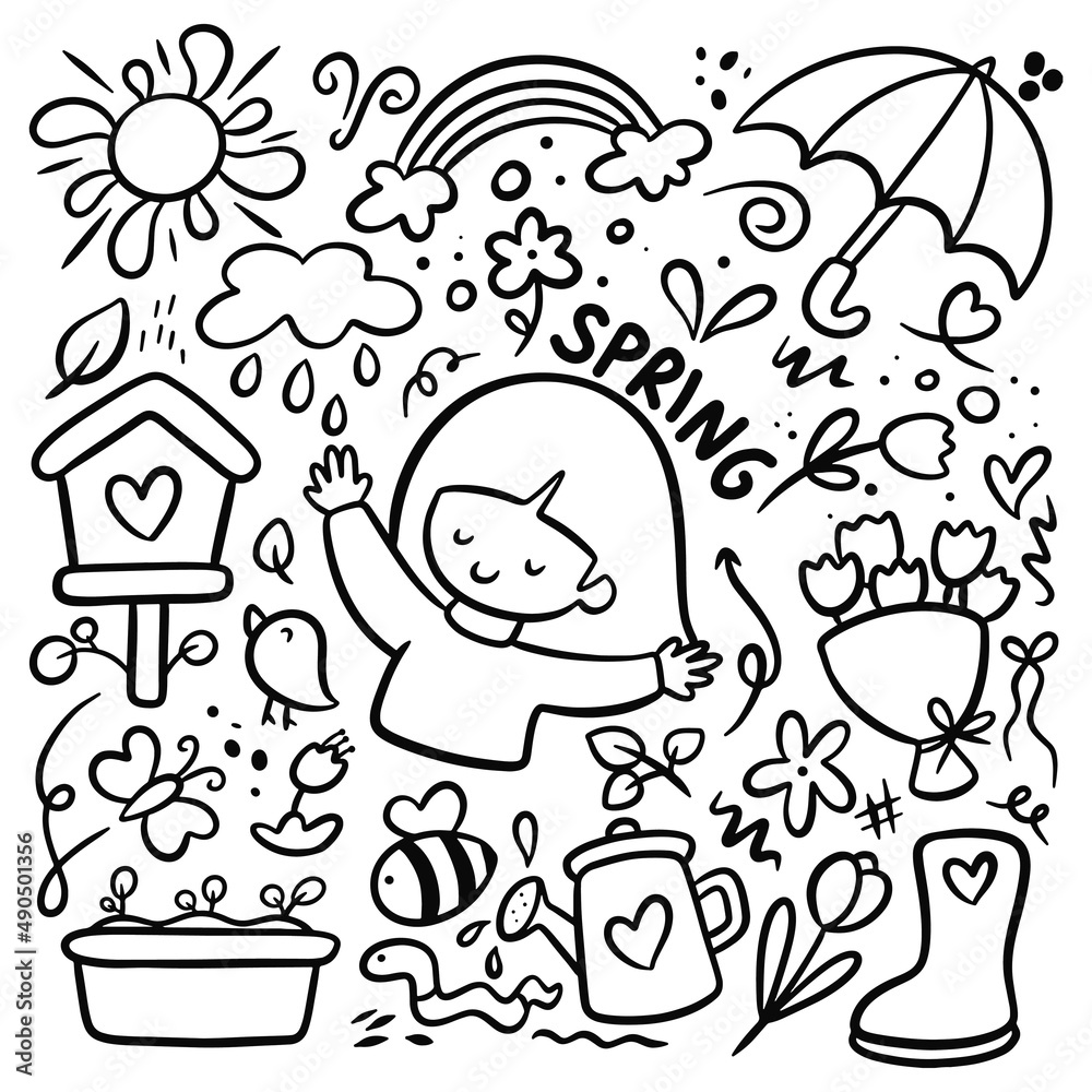 hand drawn colorful spring doodle with flower and kawaii little girl vector illustration hand drawn colorful spring doodle with flower and kawaii little girl vector illustration