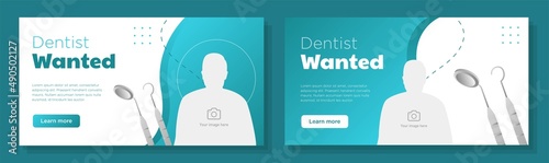 Dentist wanted online banner template set, teeth care employee advertisement, horizontal ad, dental surgery worker campaign webpage, flyer, creative brochure, isolated on background