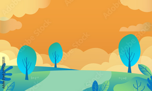 【ベクターイラスト素材】夕焼け・自然・丘・森林・空の風景	
