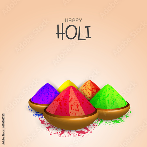 Happy Holi Celebration Concept With Glossy Bowls Full Of Dry Color (Gulal) On Glossy Peach Background.