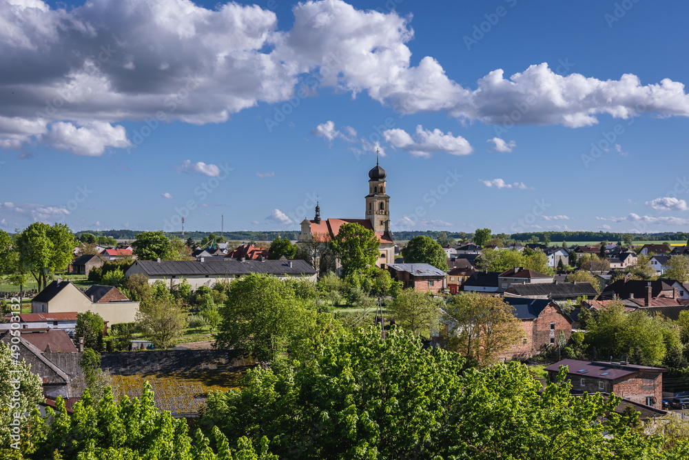 Aerial view of Tworkow village, Silesia region, Poland, view with Saints Peter and Paul Church