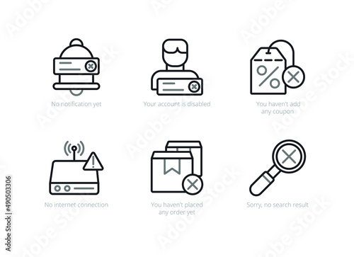 Set of 6 vector illustration landing page  empty state design graphic outline icons or symbols.
