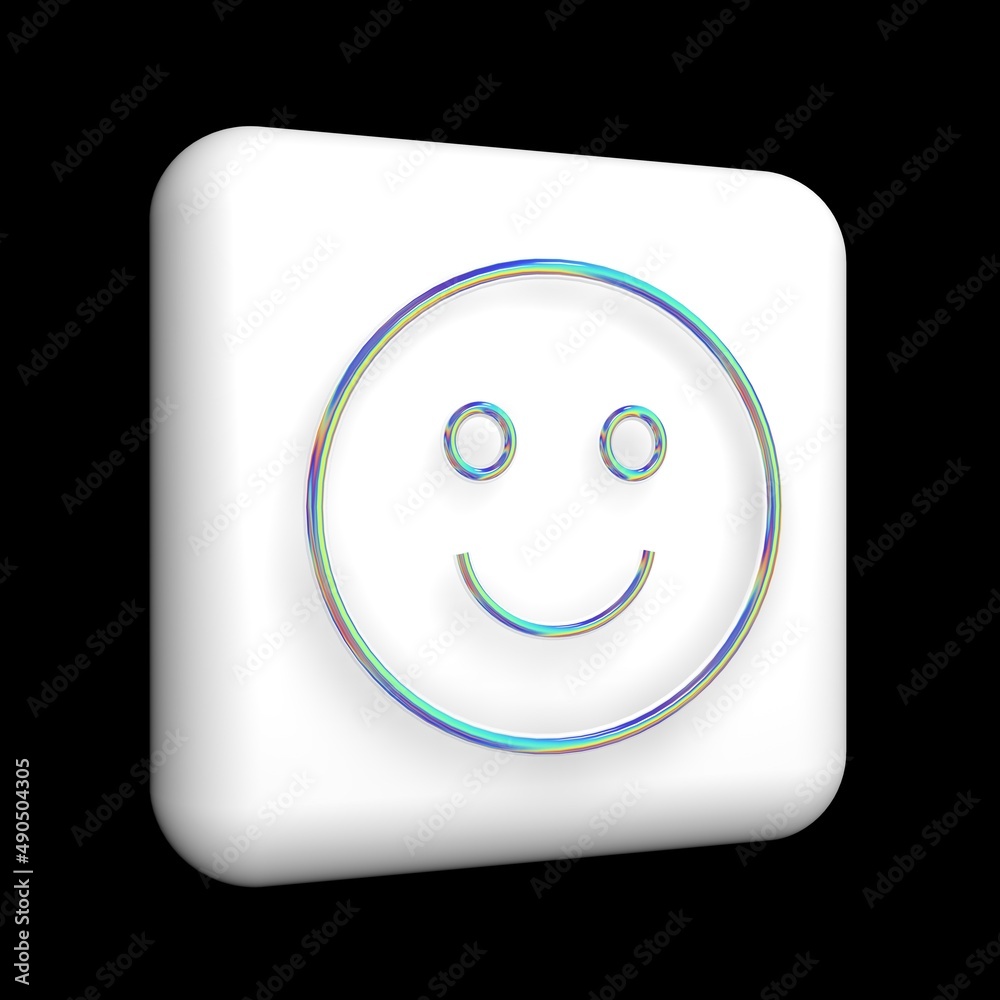 round funny smiley sign, 3d icon on a white cube, an iridescent metal contour with glitter. round funny smiley sign, 3d icon on a white cube, an iridescent metal contour with glitter.