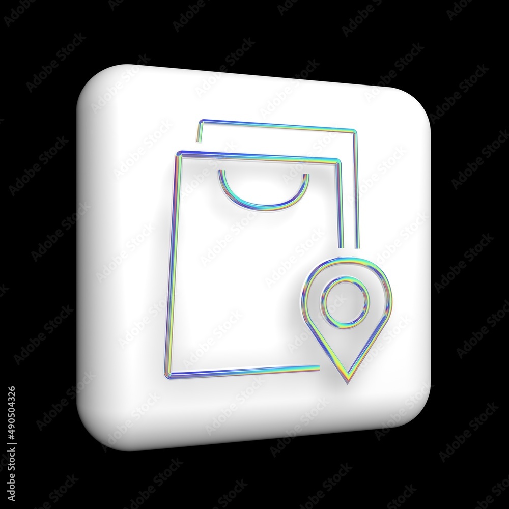 a sign of a bag with packed purchases and a delivery address, 3d icon on a white cube, an iridescent metal contour with glitter. a sign of a bag with packed purchases and a delivery address, 3d icon on a white cube, an iridescent metal contour with glitter.