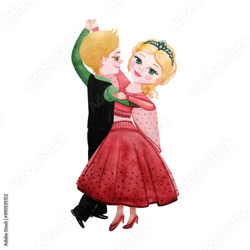 tracing in watercolor illustration boy and girl dancing waltz 