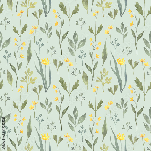 Watercolor floral seamless pattern: leaves and yellow flowers on a pale green background. Summer meadow fabric design. Cute botanical scrapbook and wallpaper print. Simple hand-drawn plants.