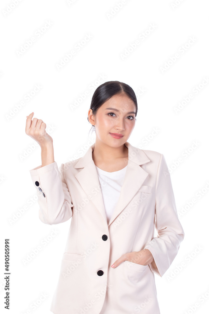 Portrait of beautiful young business Asian woman model long hair in suit smile, happy and enjoying in studio isolated on white background. The model raises her hand as an ok symbol. Portrait of beautiful young business Asian woman model long hair in suit smile, happy and enjoying in studio isolated on white background. The model raises her hand as an ok symbol.