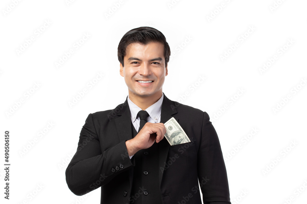 Business man in black suit holding money isolated on white background. Concept of finance success. Copy space. Business man in black suit holding money isolated on white background. Concept of finance success. Copy space.