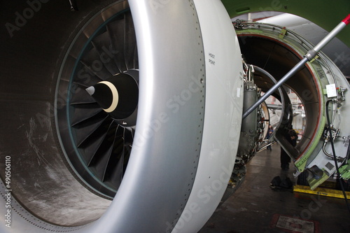 Almaty, Kazakhstan - 01.29.2014 : The turbine of the Airbus A320 aircraft during repair in the hangar
