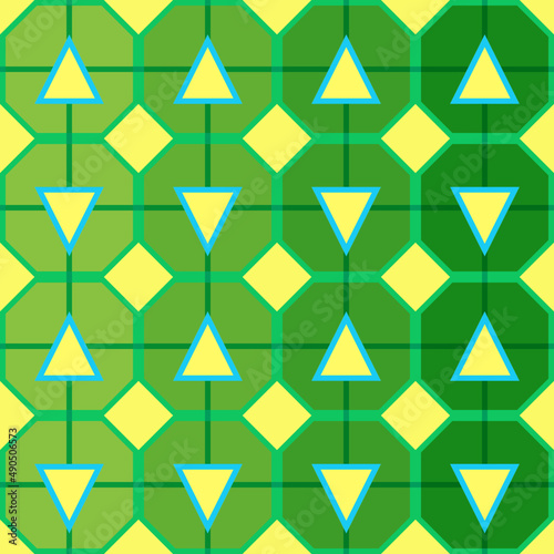 Seamless pattern of geometric abstract elements on a yellow background for textile. Yellow triangles and rhombuses with outline for the cover.