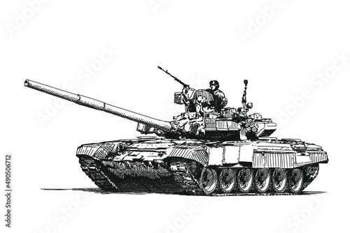 Quick sketch of a heavy tank of the Russian army with a tanker isolated on a white background