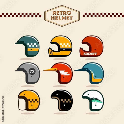 vintage motorcycle helmet vector set. cool retro helmets collection vector in various color scheme. custom culture helmet design.