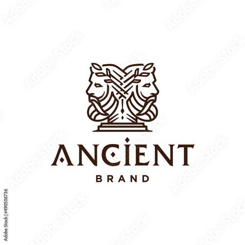 Janus logo. Ancient Greek Figure Face Head Statue Sculpture Logo design, Elegance logo of God wearing leaf crown, line linear illustration elegant logo illustration  photo