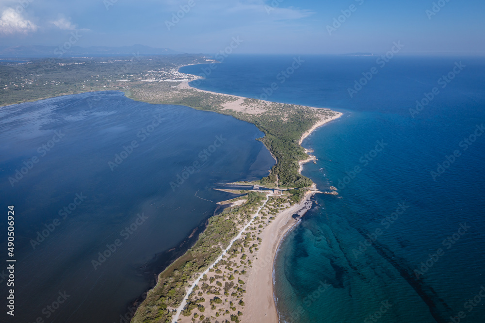 Drone photo of Land strip over Ionian Sea and Korission Lake on the Ionian  Sea shore, Corfu Island, Greece Stock Photo | Adobe Stock