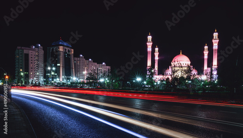 Night Shali and mosque. Chechen republic, june 2021.