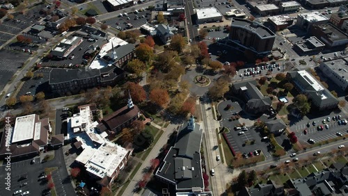 Church Circle, Downtown Kingsport, Tennessee USA. Aerial View of Historic Circular City Plan and Downtown Buildings on Sunny  Autumn Day - Birds Eye Drone Shot photo