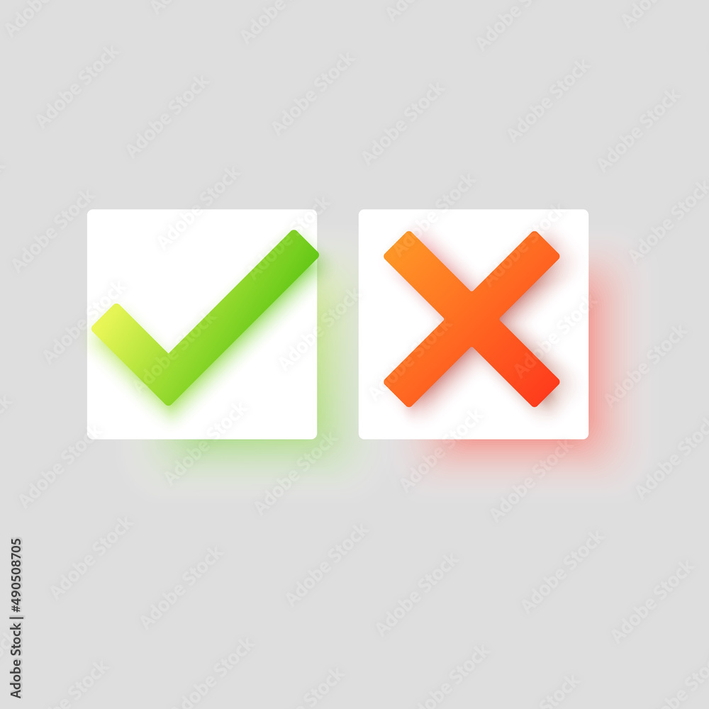 Obraz premium Green check mark icon and red cross mark. checklist signs, approval badge, vector illustration