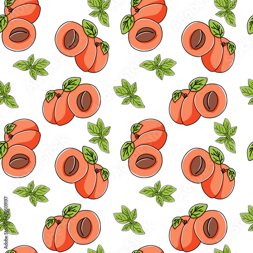 Apricots and greenery seamless background in hand drawn style, sweet fruits endless vector doodle texture
